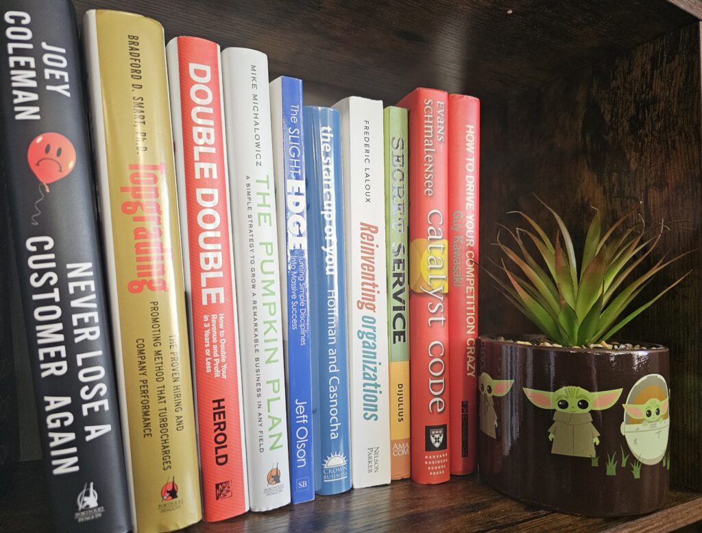 A picture of a shelf filled with business books. A small pot with succulents also rests on the bookshelf.