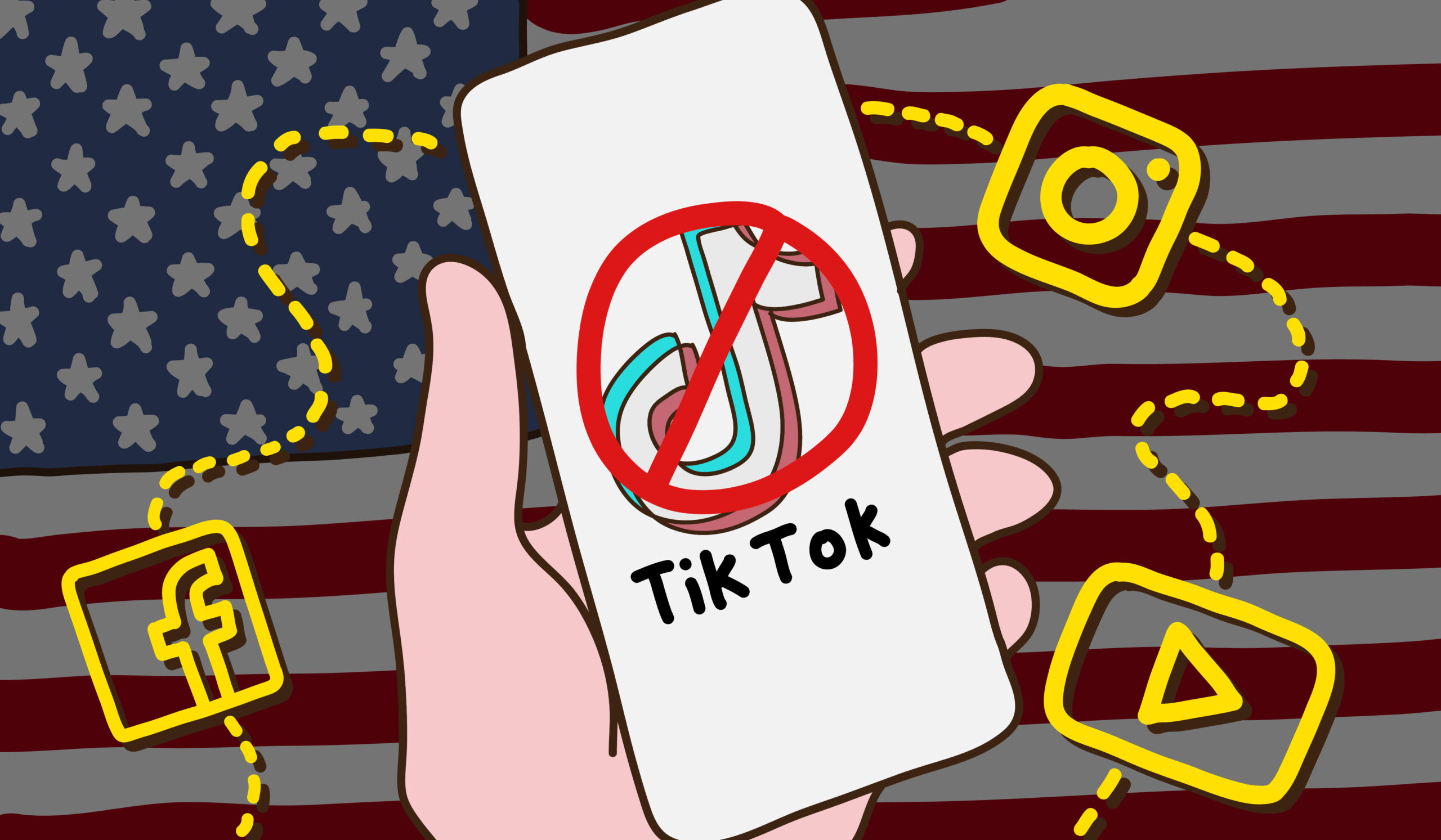 A picture of a hand holding a phone with an "X" through the TikTok logo hero.