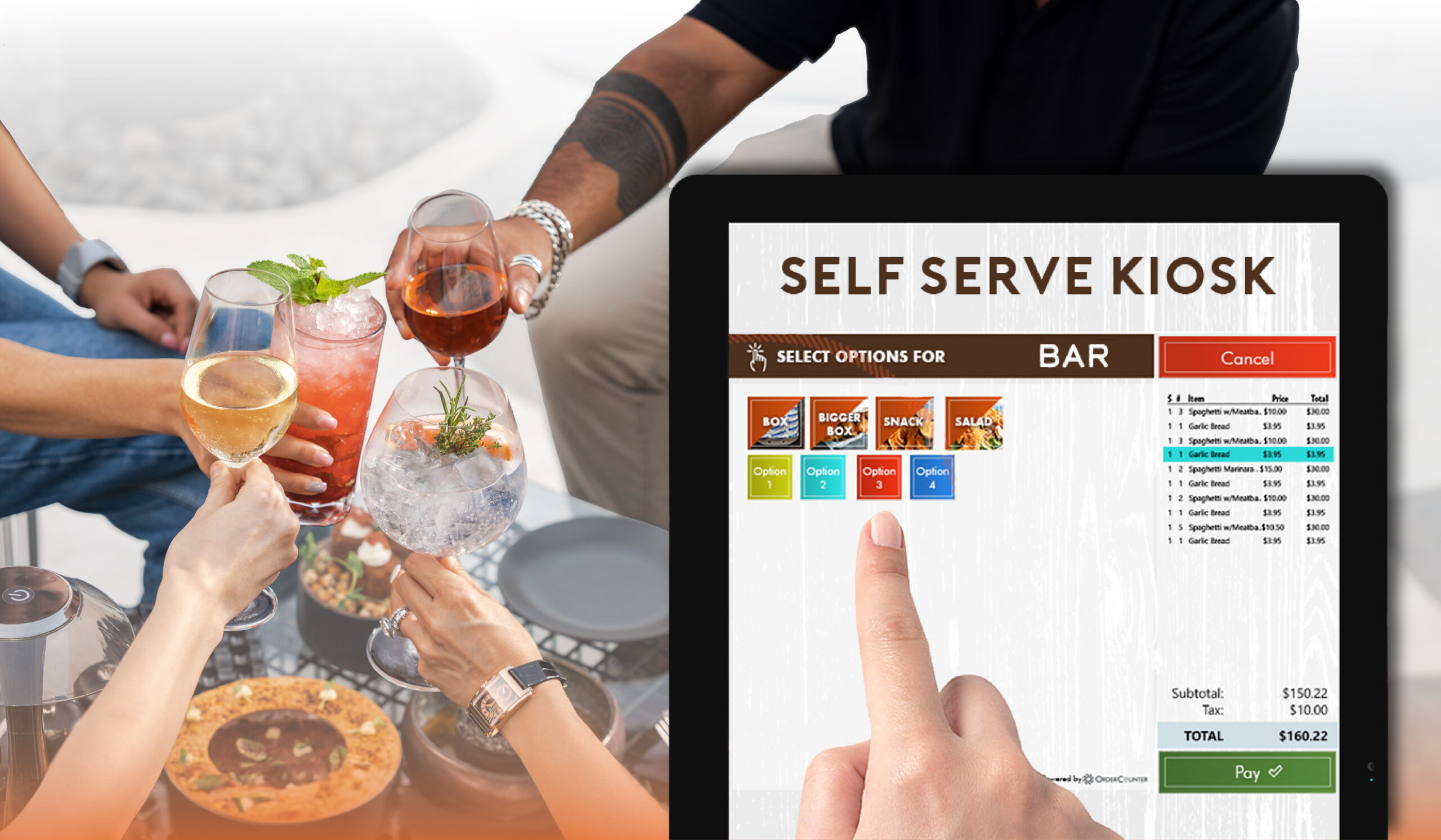 The close-up of someone choosing a drink from a digital screen. In the background are a group of friends enjoying cocktails at a table.