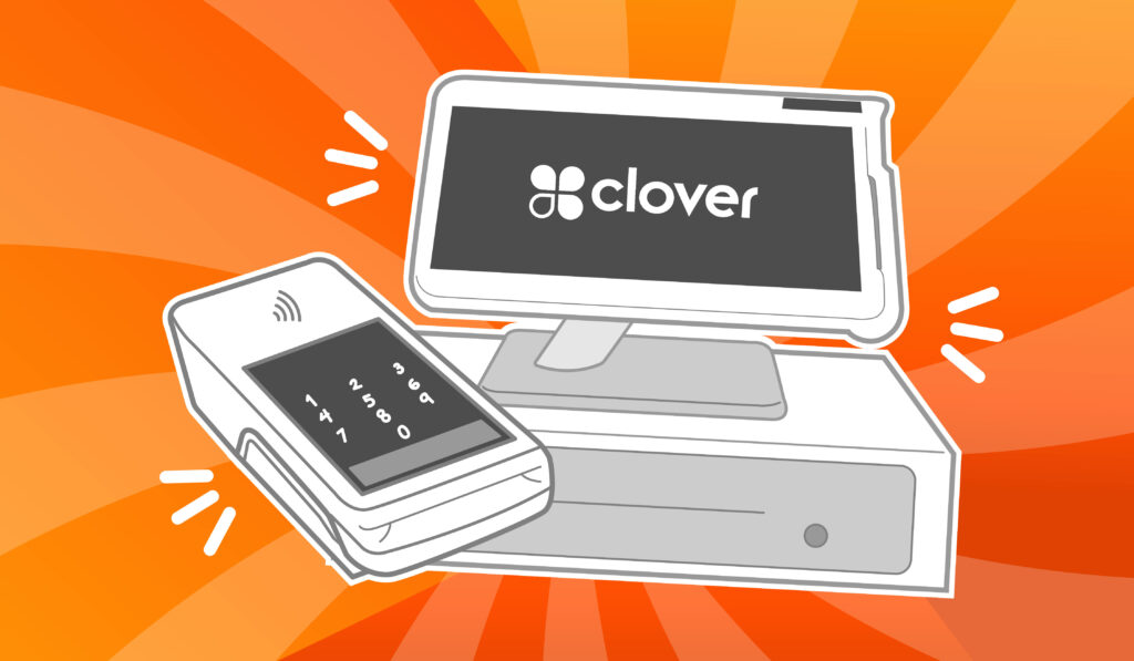 A Clover PoS system drawn against an orange background