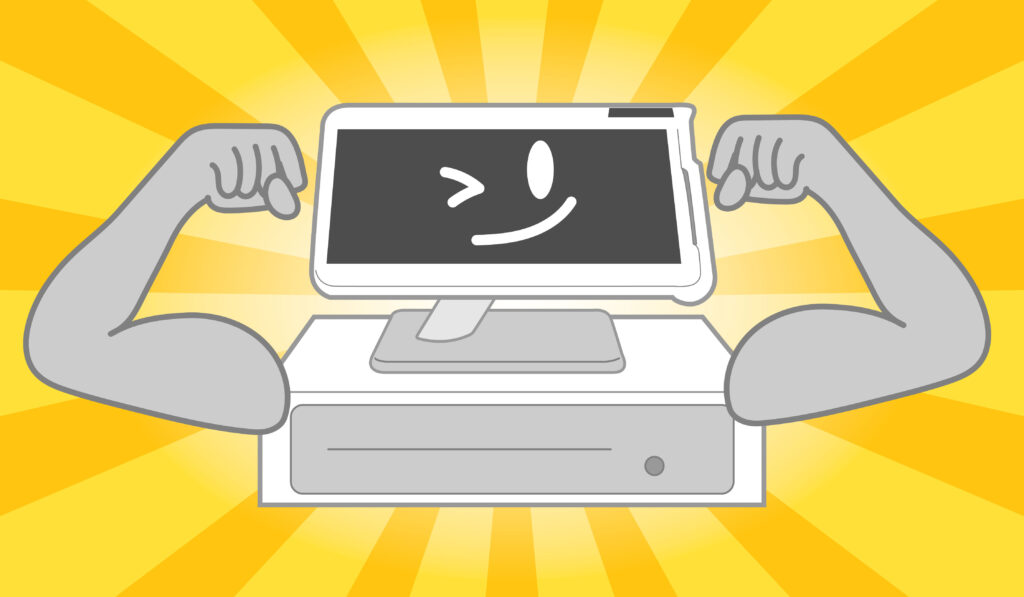 A cartoon POS system with two arms. It's showing off its muscles and its "power."
