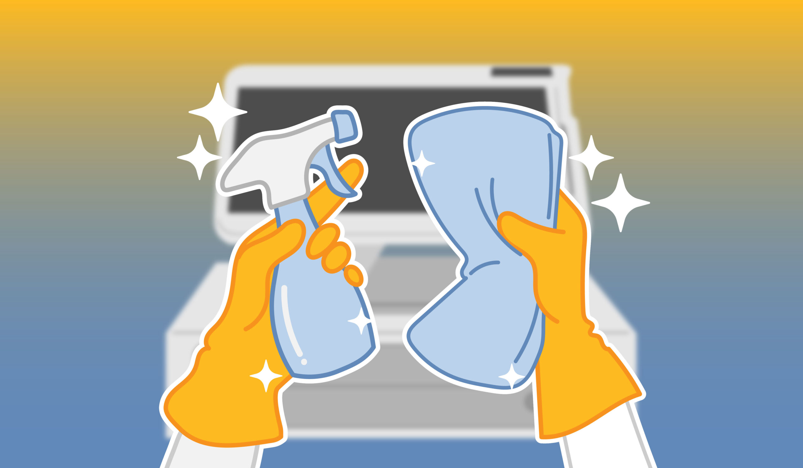 A pair of rubber gloves holding cleaning materials in front of a POS System